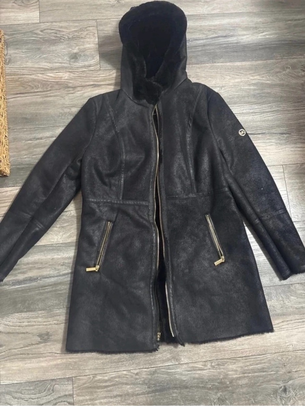 Michael Kors Black Hooded Leather Shearling Jacket